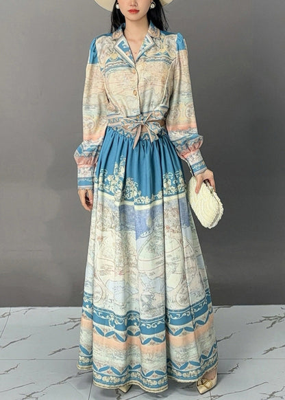 French Blue Print Tops and Skirts Cotton Two Pieces Set Fall