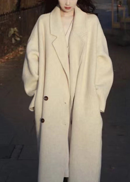 Apricot Peter Pan Collar Button Pockets Woolen Coats Long Sleeve