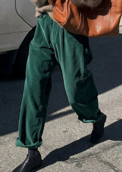 Green Pockets Corduroy Straight Pants Fall