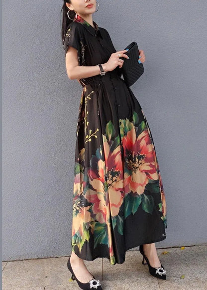 Lapel Drawstring Spring Tunic Sleeve Black Print Robe Dresses