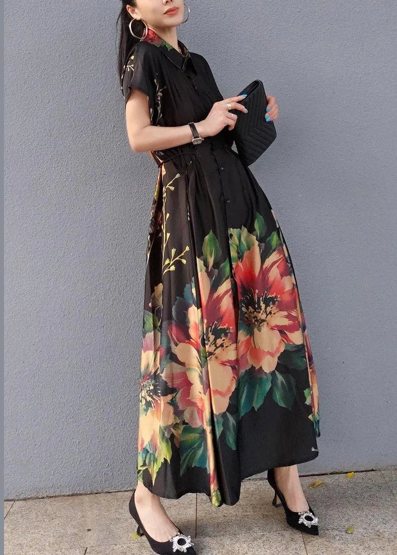 Lapel Drawstring Spring Tunic Sleeve Black Print Robe Dresses
