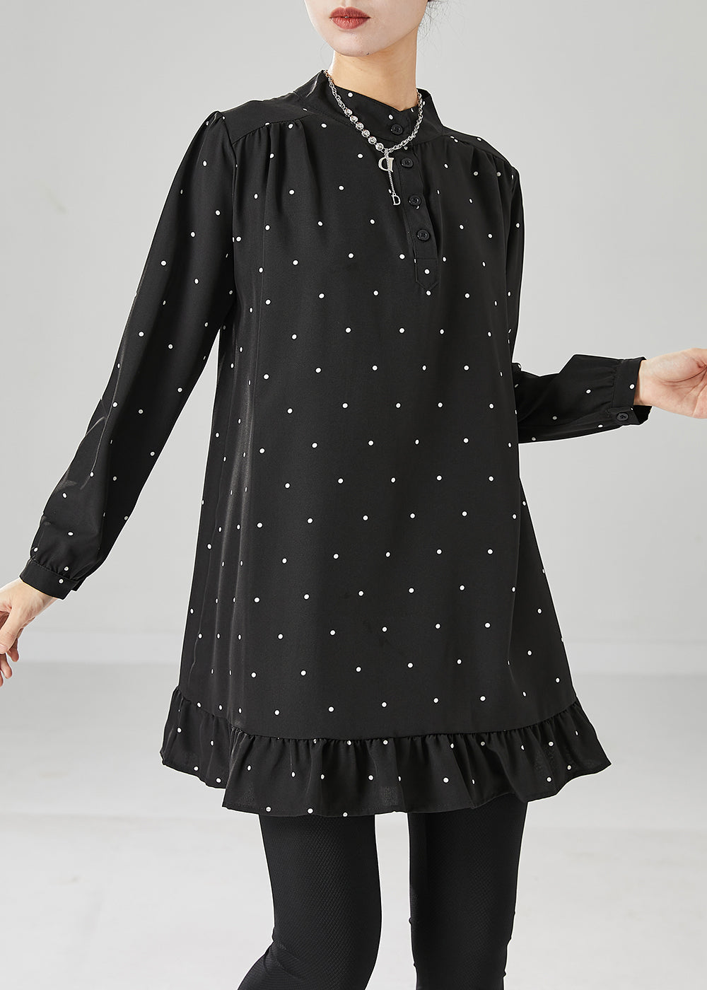 Black Dot Print Ruffles Cotton Mini Dresses Fall