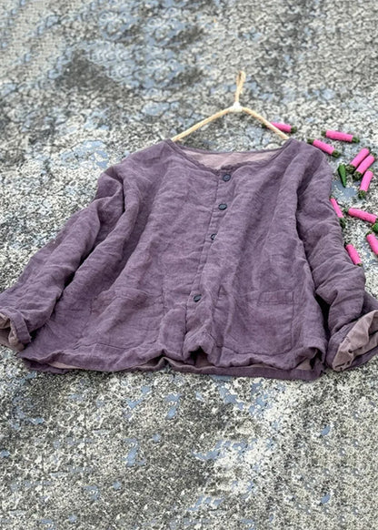 Loose Green O Neck Button Pockets Linen Coats Fall
