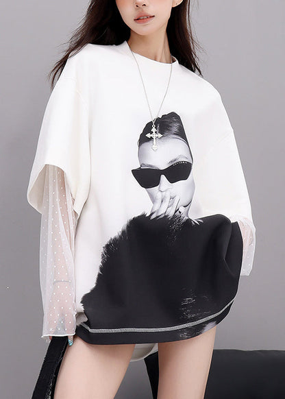 White O Neck Lace Patchwork Cotton T Shirts Fall