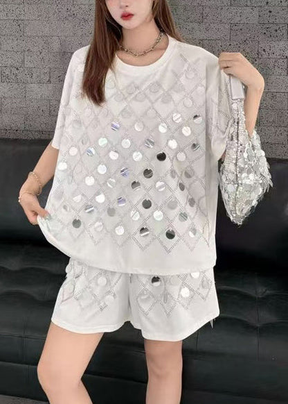 Organic White Sequins Cotton Two Piece Set Clothing Summer
