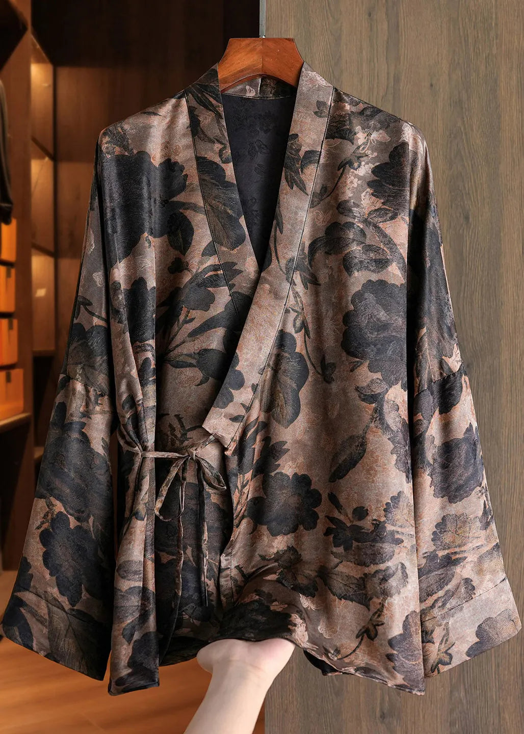Chinese Style Blue V Neck Print Tie Waist Coats Fall