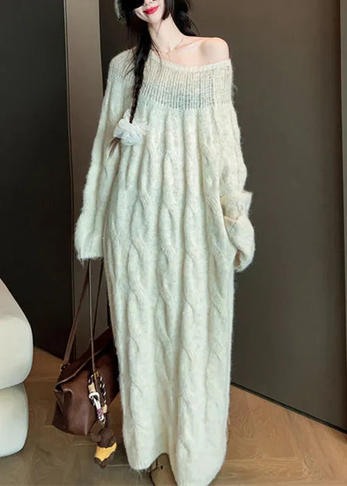 Beige Hollow Out Long Cable Knit Dress Spring