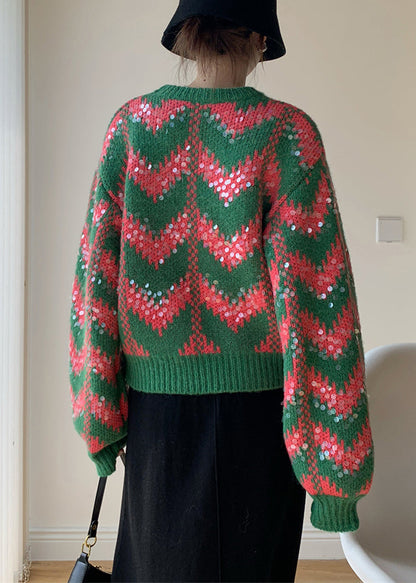 Green O Neck Sequins Patchwork Knit Sweaters Winter