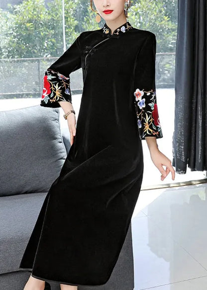 Black Stand Collar Embroideried Patchwork Velour Dress Fall