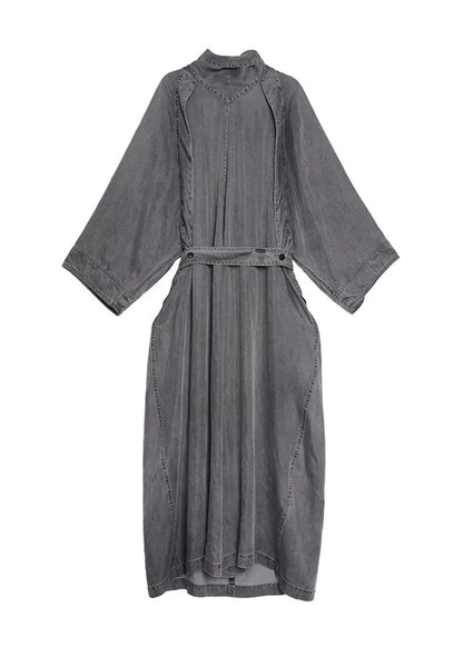 Grey Turtle Neck Pockets Lace Up Denim Long Dresses Fall