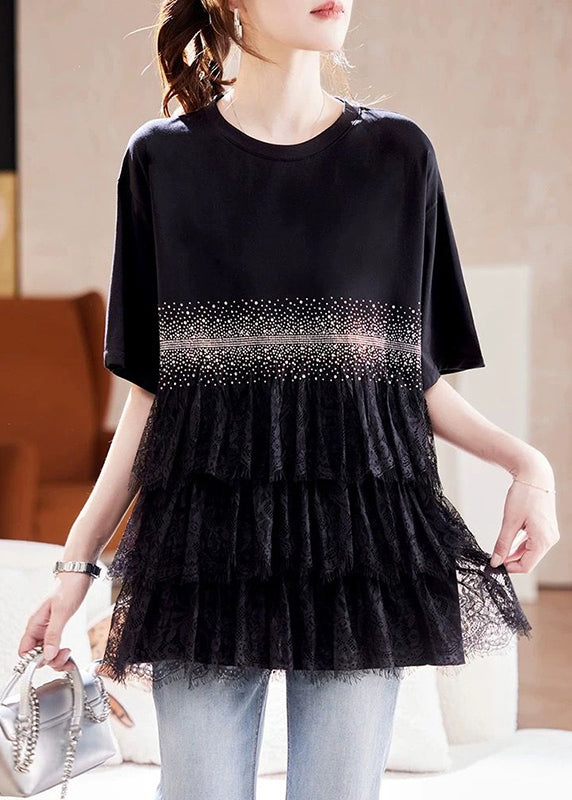 Black Zircon Lace Patchwork Cotton T Shirt Summer