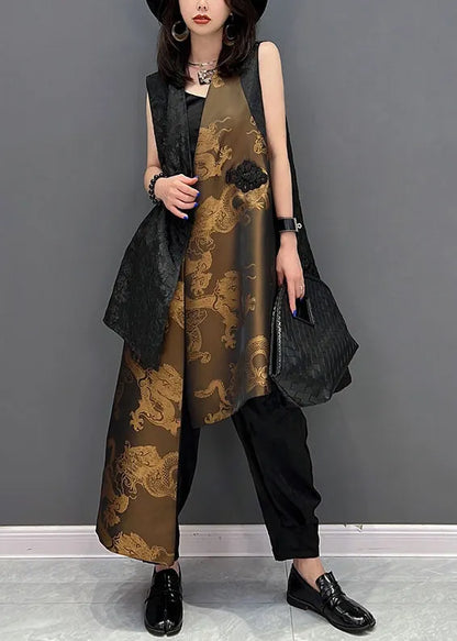 Stylish Black Asymmetrical Patchwork Jacquard Silk Chinese Style Vests Sleeveless