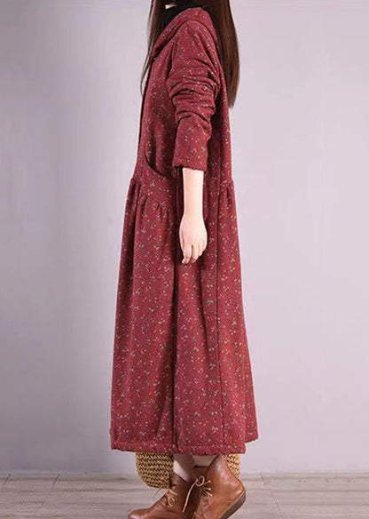 Brick Red Hooded Patchwork Warm Fleece Coats Winter