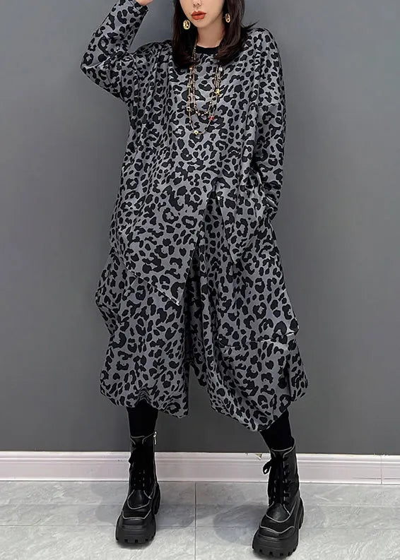 Dark Gray O-neck Asymmetrical Print Top and Harem Pants Two Piece Set Fall