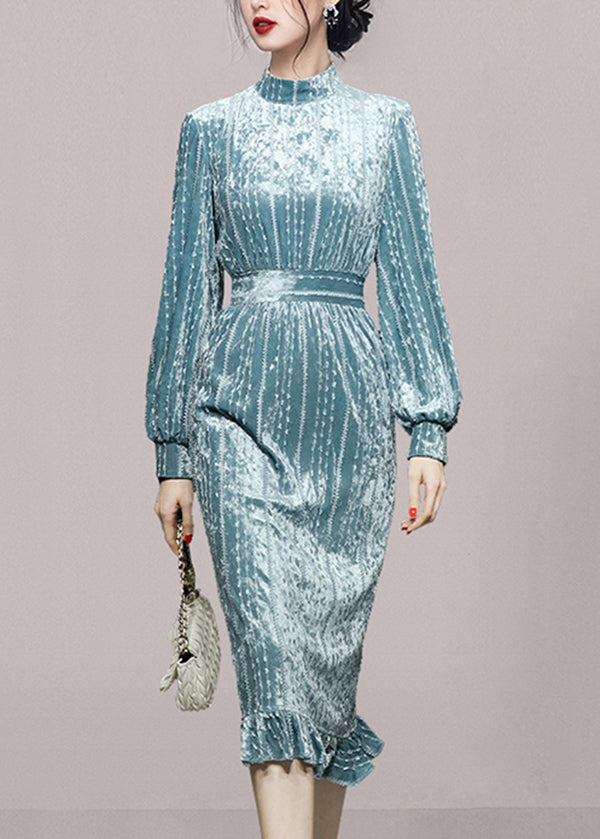 Light Blue Stand Collar Ruffled Patchwork Velour Dress Fall