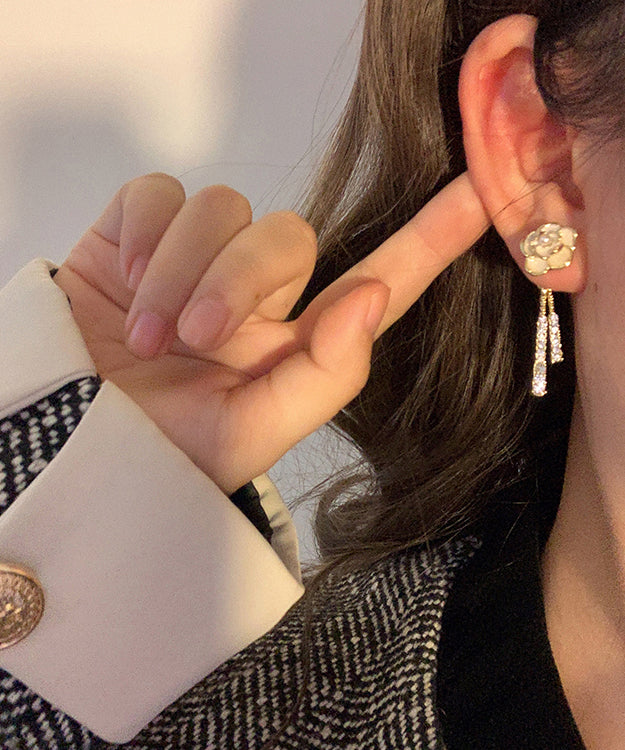 Gold Alloy Zircon Pearl Tassel Drop Earrings