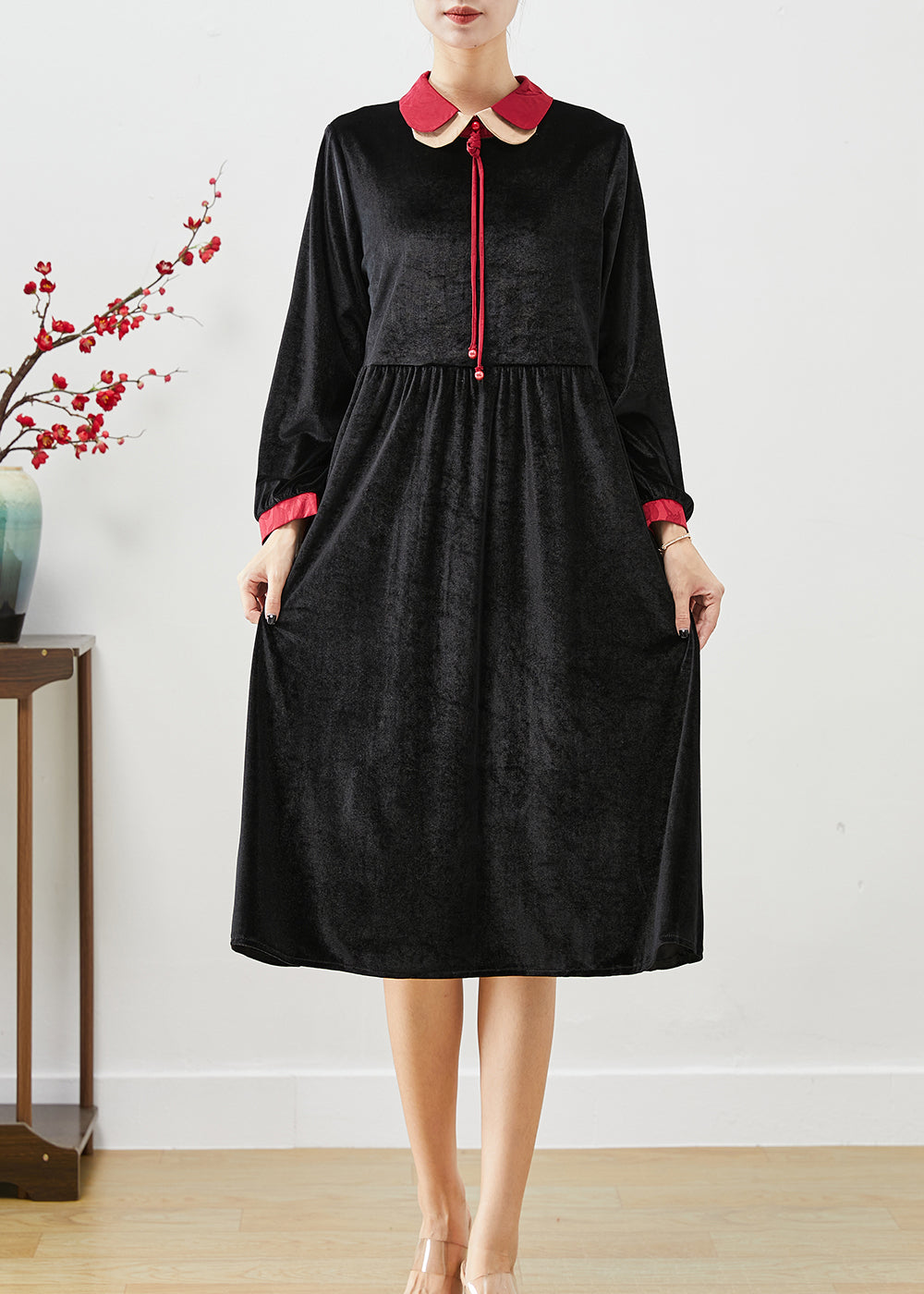 Black Double-layer Tasseled Silk Velour Dress Fall