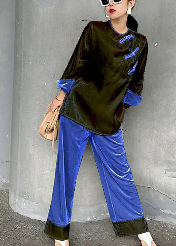 White O-neck Velour Top and Green Wide Leg Pants Two Pieces Set Spring