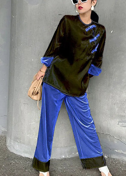 White O-neck Velour Top and Green Wide Leg Pants Two Pieces Set Spring