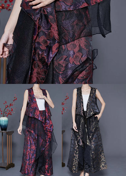 Black Patchwork Silk Two-piece Set Oversized Leopard Print Summer