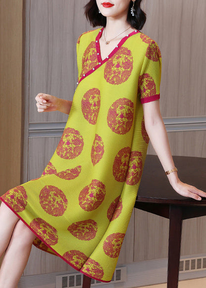 Loose Yellow V Neck Print Wrinkled Silk a Line Dresses Short Sleeve