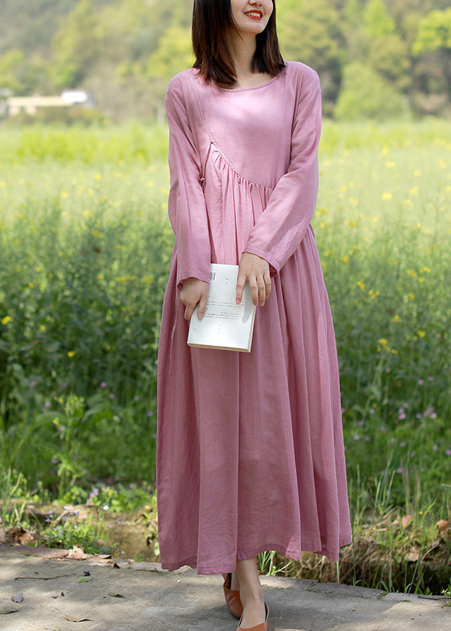Brief Pink O-neck Tie Waist Wrinkled Linen Dresses Long Sleeve