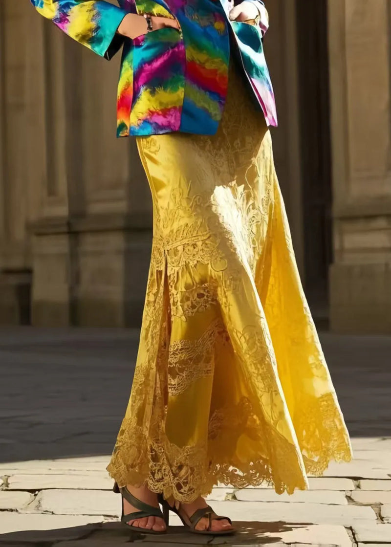 New Retro Yellow Jacquard Patchwork Lace Silk Wraped Skirt Spring