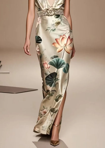 French Champagne Print Side Open Silk Tunic Dress Summer