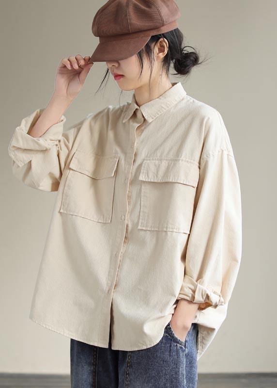 French Beige Tops Lapel Pockets Daily Spring Shirt
