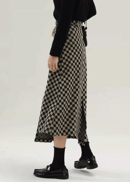 Plaid Side Open High Waist Cotton Skirt Fall
