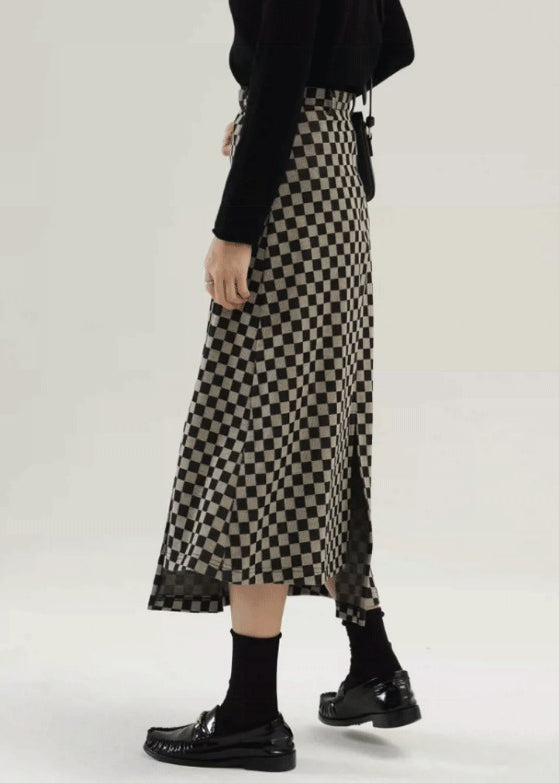 Plaid Side Open High Waist Cotton Skirt Fall