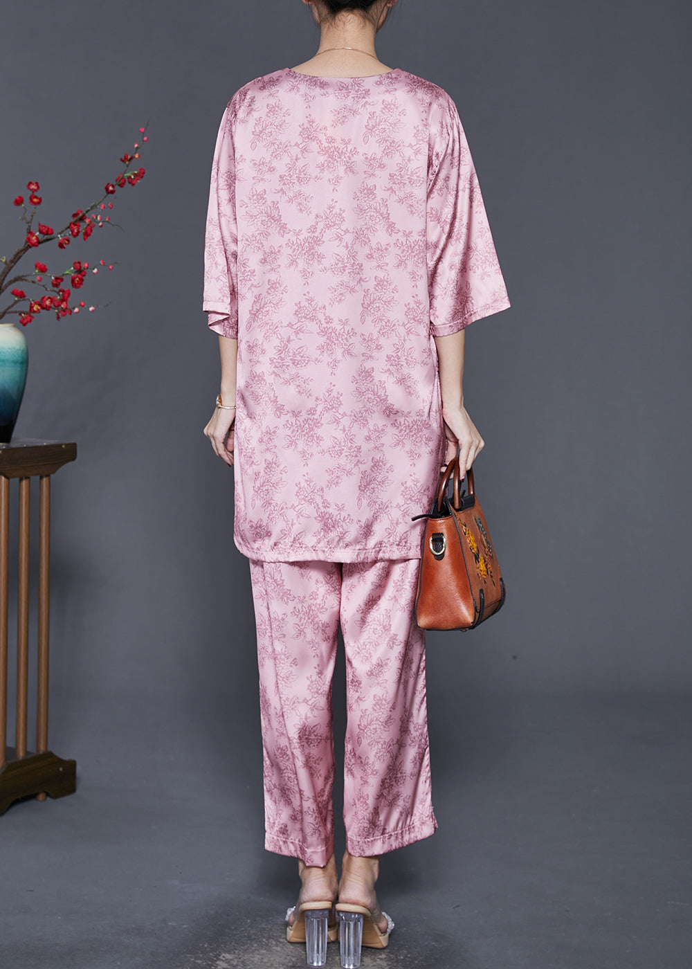 Pink Oversized Print Silk Two Pieces Set Spring