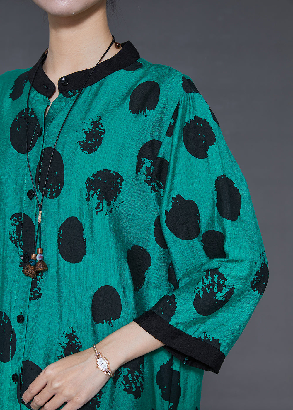 Green Oversized Print Linen Silk Long Shirt Summer