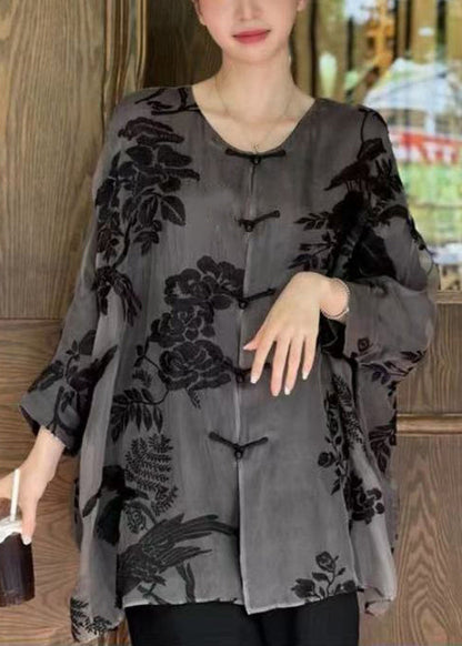 Pink Button Print Silk Cotton Blouse Batwing Sleeve