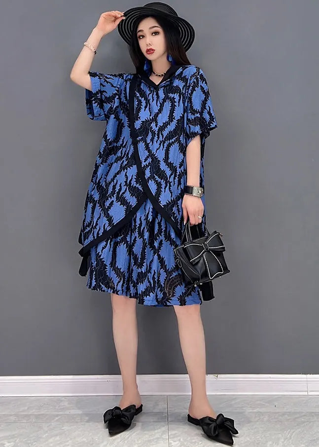 Blue Print Tops and Shorts Two Piece Suit Set Asymmetrical Side Open Summer