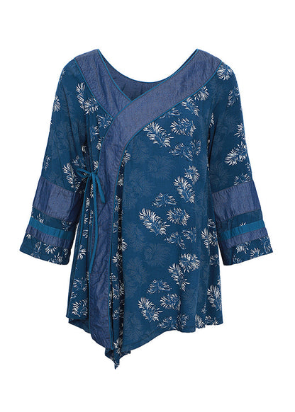 Blue V Neck Asymmetrical Print Cotton Shirt Top Bracelet Sleeve