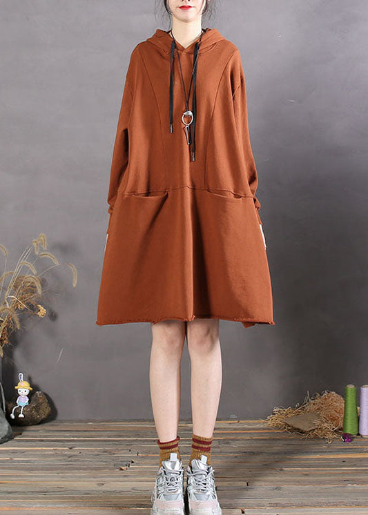 Art Caramel Asymmetrical Pockets Cotton Sweatshirts Dress Spring