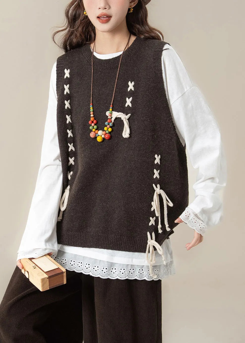 Loose Coffee Lace Up Knit Vest and White Cotton T Shirt Two Piece Set Spring