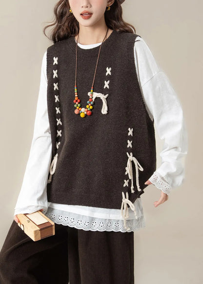 Loose Coffee Lace Up Knit Vest and White Cotton T Shirt Two Piece Set Spring