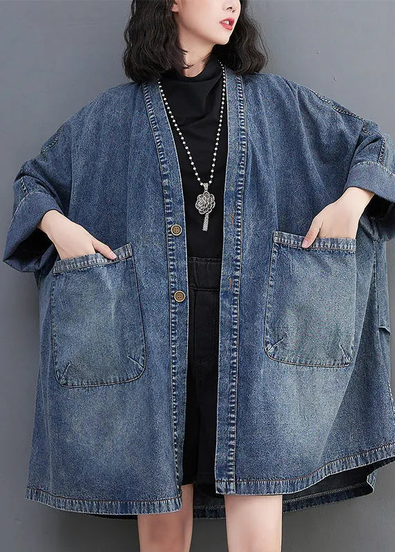 Blue V Neck Patchwork Button Trench Coats Spring
