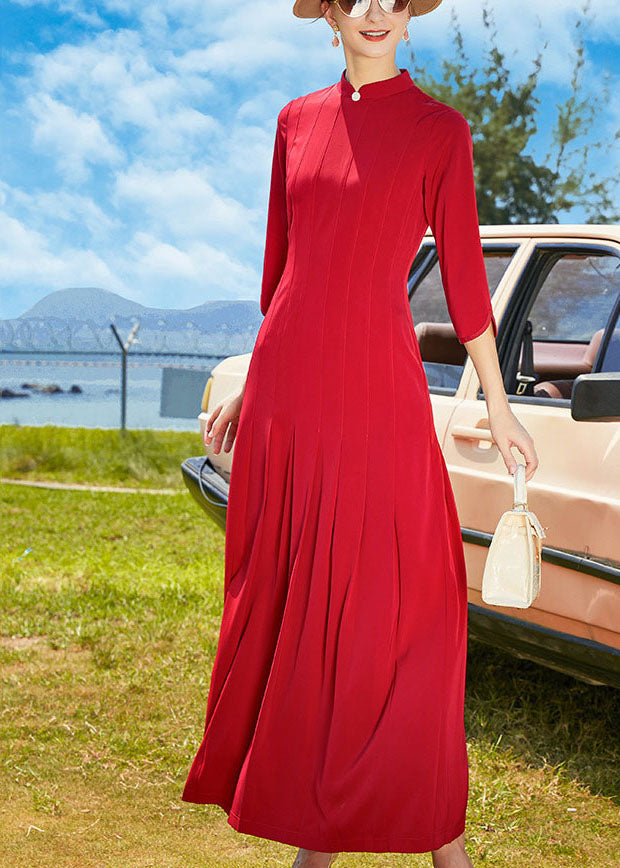 Red Stand Collar Wrinkled Chiffon Long Dresses Bracelet Sleeve