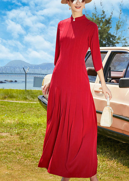 Red Stand Collar Wrinkled Chiffon Long Dresses Bracelet Sleeve