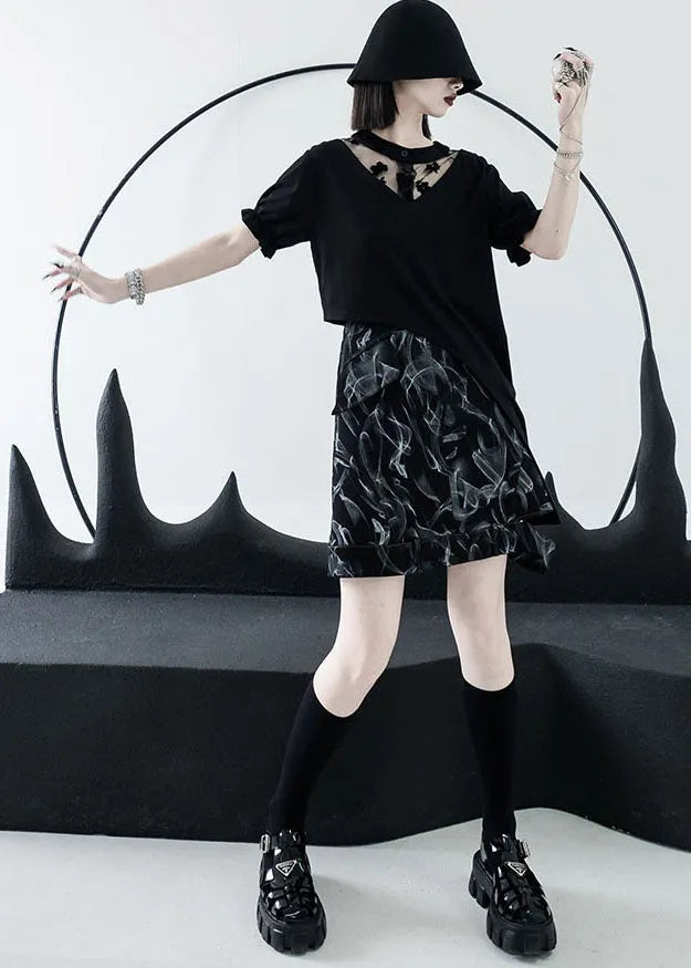 Style Black High Waist Hollow Out Print Cotton Denim a Line Skirts Summer
