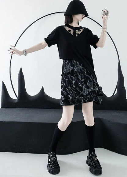 Style Black High Waist Hollow Out Print Cotton Denim a Line Skirts Summer