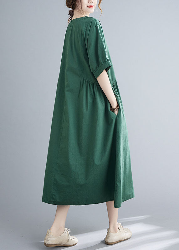 Natural Green Color Patchwork Cotton Long Dress Short Sleeve