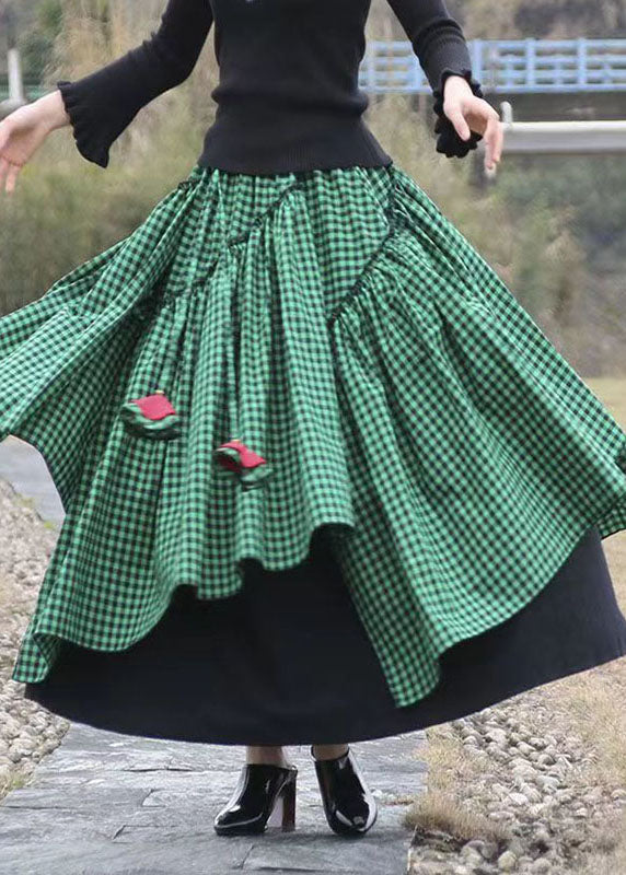 Green Asymmetrical Plaid Patchwork Tie Waist Long Skirts Fall