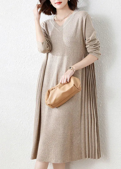 Yellow V Neck Patchwork Wrinkled Woolen Long Knit Dress Long Sleeve