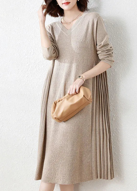 Yellow V Neck Patchwork Wrinkled Woolen Long Knit Dress Long Sleeve