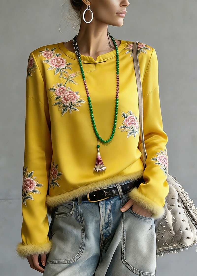 Novelty Yellow Embroidered Patchwork Silk Cotton Tops Spring