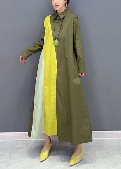Army Green Peter Pan Collar Patchwork Cotton Maxi Dresses Spring